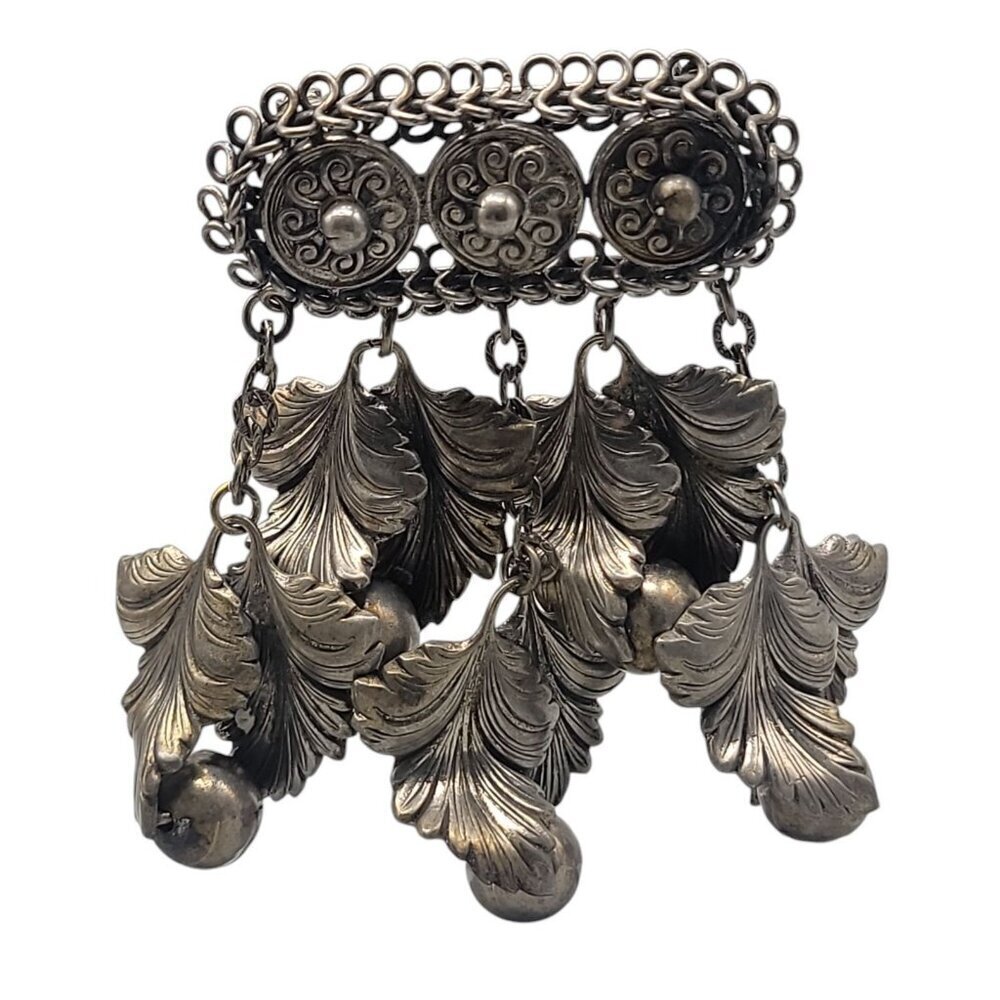 Fred Gray Brooch 1930s Dangle Leaves Bar Pin Silver Tone Vintage Rare Condition
